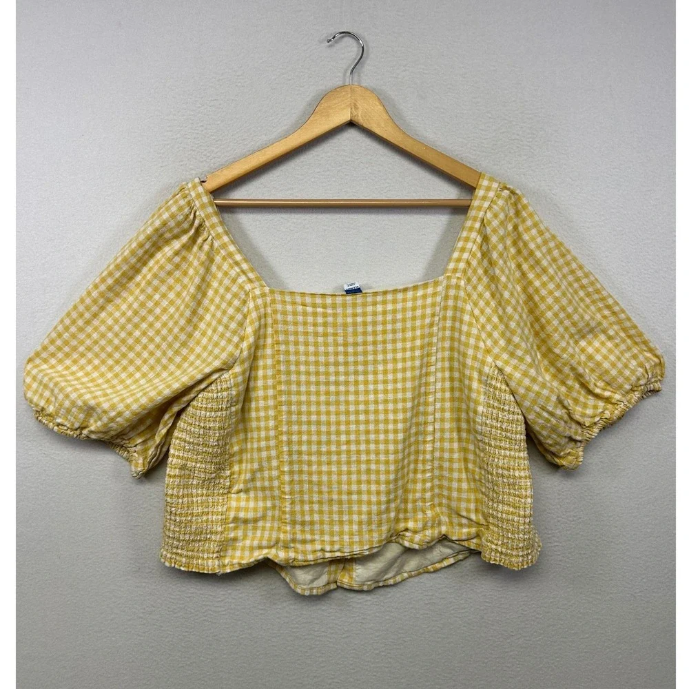 Cottagecore Old Navy Womens 2X Yellow Gingham Puff Sleeve Square Neck Crop Top
